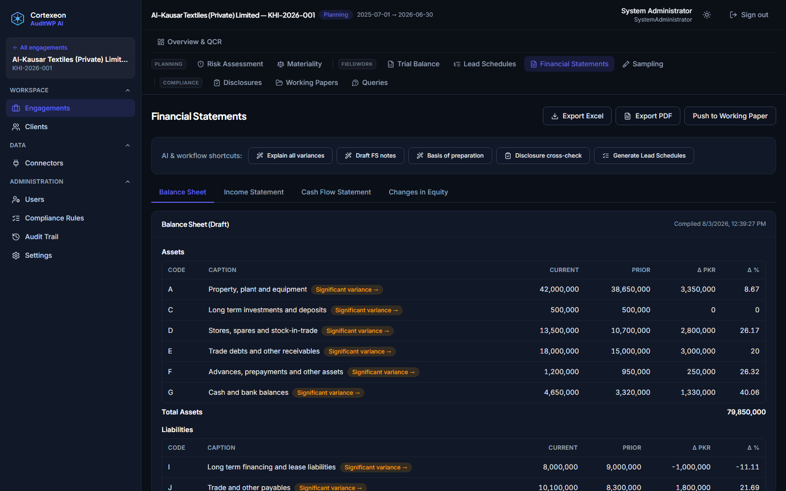 Financial Statements screen showing Export Excel, Export PDF and Push to Working Paper actions alongside an AI and workflow shortcuts bar
