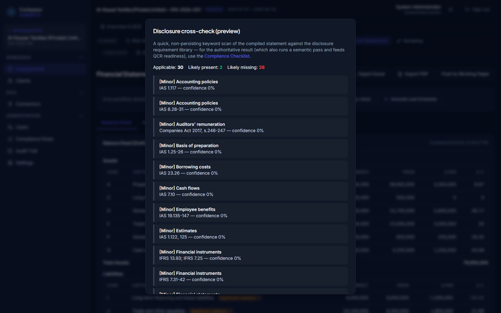 Disclosure cross-check preview screen showing applicable, likely present, and likely missing statutory disclosure counts with citations