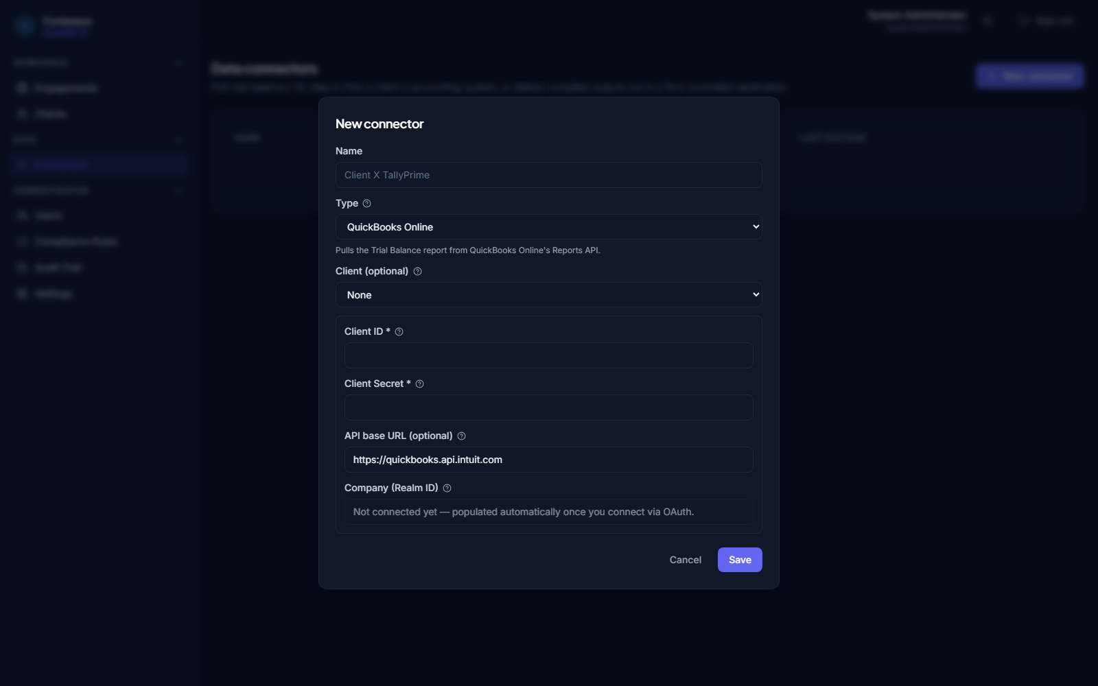 Connector setup form with labelled fields for connector type, client, credentials, and a Connect via OAuth action