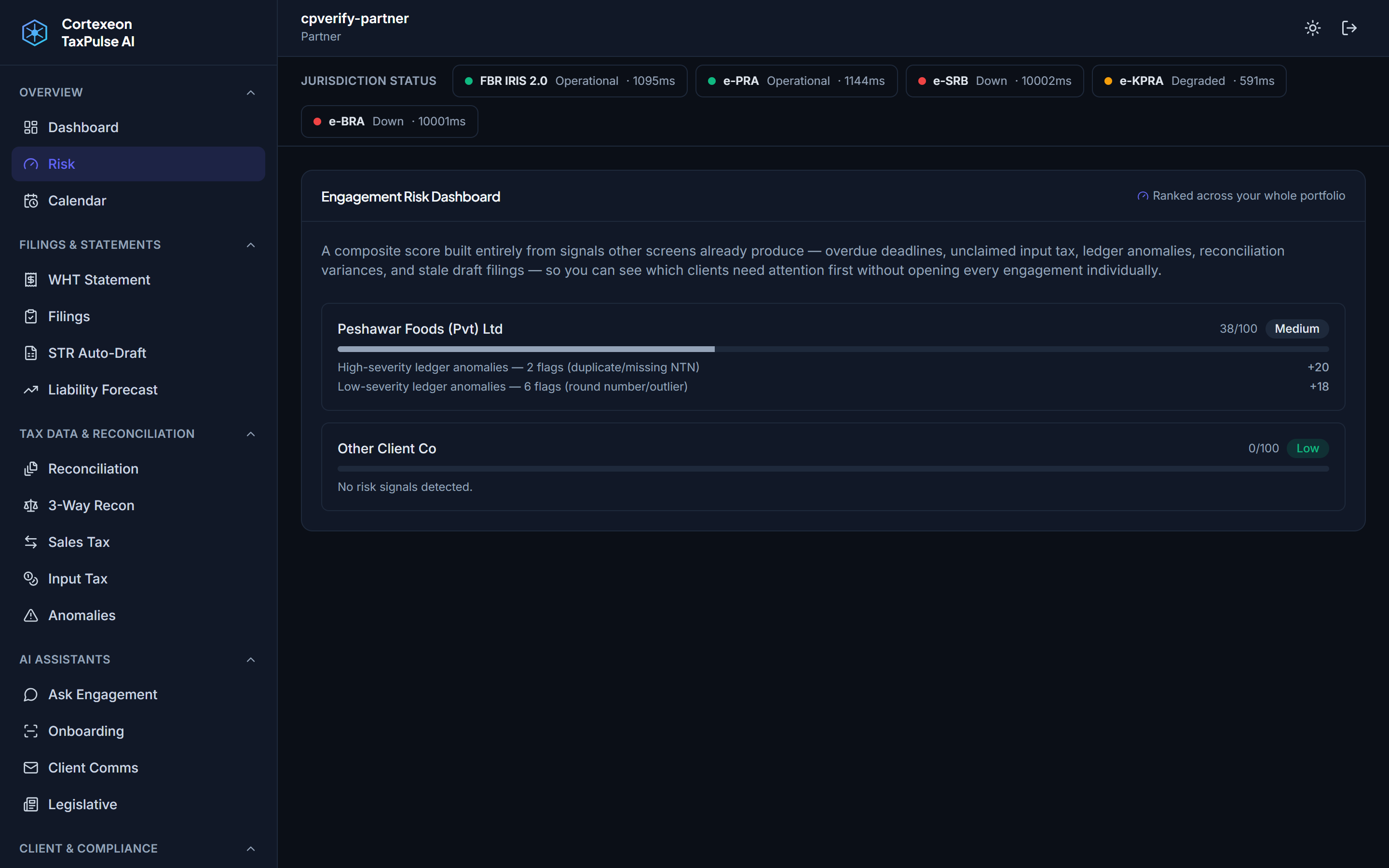 Engagement risk dashboard showing a fully itemized composite risk score per client with high and low severity ledger anomaly flags